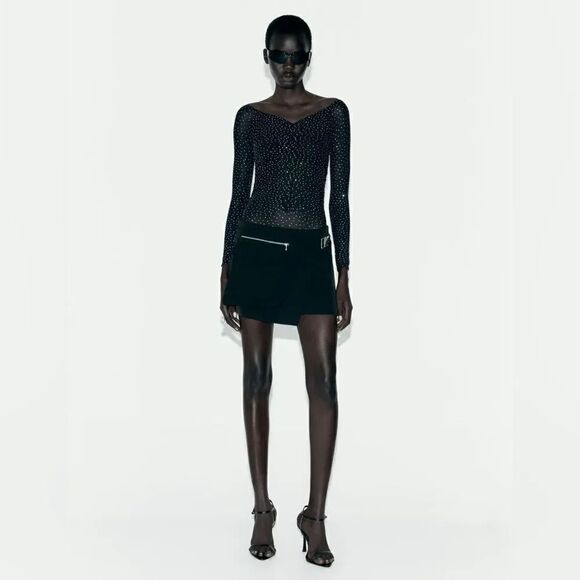 ZARA BLACK MESH SEAMLESS BODYSUIT WITH RHINESTONES - Picture 7 of 9